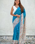 Denim Blue Katki Silk Printed Kalamkari Saree with Zari Border