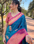 Peacock Blue Soft Silk Contrast Gold Zari Woven Saree