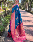 Peacock Blue Soft Silk Contrast Gold Zari Woven Saree