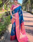 Peacock Blue Soft Silk Contrast Gold Zari Woven Saree