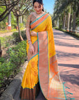 Yellow Soft Silk Contrast Gold Zari Woven Saree