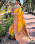 Yellow Soft Silk Contrast Gold Zari Woven Saree