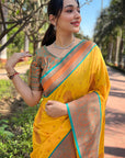 Yellow Soft Silk Contrast Gold Zari Woven Saree