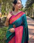 Bottle Green Soft Silk Contrast Gold Zari Woven Saree