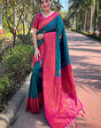 Bottle Green Soft Silk Contrast Gold Zari Woven Saree