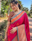 Hot Pink Soft Silk Contrast Gold Zari Woven Saree