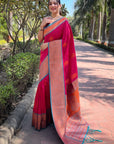 Hot Pink Soft Silk Contrast Gold Zari Woven Saree