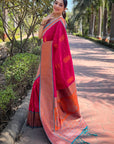 Hot Pink Soft Silk Contrast Gold Zari Woven Saree