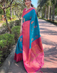 Teal Blue Soft Silk Contrast Gold Zari Woven Saree