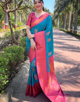 Teal Blue Soft Silk Contrast Gold Zari Woven Saree