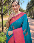 Teal Blue Soft Silk Contrast Gold Zari Woven Saree