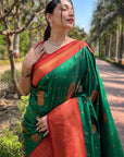 Green Soft Silk Contrast Gold Zari Woven Saree