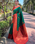 Green Soft Silk Contrast Gold Zari Woven Saree