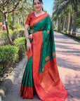 Green Soft Silk Contrast Gold Zari Woven Saree