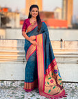 Denim Soft Silk Paithani Zari Woven Saree