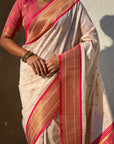 Cream Soft Silk Paithani Zari Woven Saree