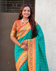 Aqua Blue Zari Woven Bandhani Paithani Fusion Silk Saree