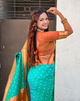 Aqua Blue Zari Woven Bandhani Paithani Fusion Silk Saree