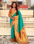 Aqua Blue Zari Woven Bandhani Paithani Fusion Silk Saree