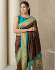 Coffee Soft Silk Paithani Saree For Women Meenakari Zari Weaving Floral Motifs Traditional Wedding Saree With Brocade Blouse