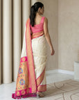 Cream Soft Silk Paithani Saree For Women Meenakari Zari Weaving Floral Motifs Traditional Wedding Saree With Brocade Blouse