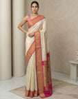 Cream Soft Silk Paithani Saree For Women Meenakari Zari Weaving Floral Motifs Traditional Wedding Saree With Brocade Blouse