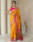 Orange Soft Silk Paithani Saree For Women Meenakari Zari Weaving Floral Motifs Traditional Wedding Saree With Brocade Blouse