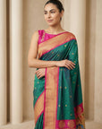 Pgreen Soft Silk Paithani Saree For Women Meenakari Zari Weaving Floral Motifs Traditional Wedding Saree With Brocade Blouse