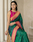 Pgreen Soft Silk Paithani Saree For Women Meenakari Zari Weaving Floral Motifs Traditional Wedding Saree With Brocade Blouse