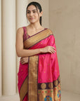 Pink Soft Silk Paithani Saree For Women Meenakari Zari Weaving Floral Motifs Traditional Wedding Saree With Brocade Blouse