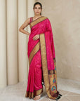 Pink Soft Silk Paithani Saree For Women Meenakari Zari Weaving Floral Motifs Traditional Wedding Saree With Brocade Blouse