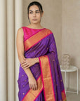 Violet Soft Silk Paithani Saree For Women Meenakari Zari Weaving Floral Motifs Traditional Wedding Saree With Brocade Blouse