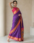 Violet Soft Silk Paithani Saree For Women Meenakari Zari Weaving Floral Motifs Traditional Wedding Saree With Brocade Blouse