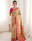 Cream Pure Soft Tissue Paithani Saree Designer Traditional Saree With Meenakari Pallu Peacock Border Zari Weaving Wedding Festive Saree
