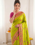 Mehendi Pure Soft Tissue Paithani Saree Designer Traditional Saree With Meenakari Pallu Peacock Border Zari Weaving Wedding Festive Saree