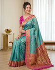 Teal Pure Soft Tissue Paithani Saree Designer Traditional Saree With Meenakari Pallu Peacock Border Zari Weaving Wedding Festive Saree