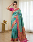 Teal Pure Soft Tissue Paithani Saree Designer Traditional Saree With Meenakari Pallu Peacock Border Zari Weaving Wedding Festive Saree