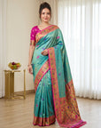 Teal Pure Soft Tissue Paithani Saree Designer Traditional Saree With Meenakari Pallu Peacock Border Zari Weaving Wedding Festive Saree