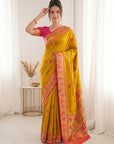 Yellow Pure Soft Tissue Paithani Saree Designer Traditional Saree With Meenakari Pallu Peacock Border Zari Weaving Wedding Festive Saree