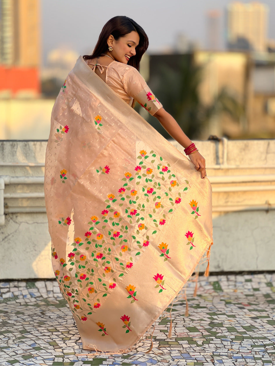 Organza Jamdani Saree with Zari Woven Pallu Festive Wear Saree with Brocade Blouse