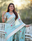 Organza Jamdani Saree with Zari Woven Pallu Festive Wear Saree with Brocade Blouse