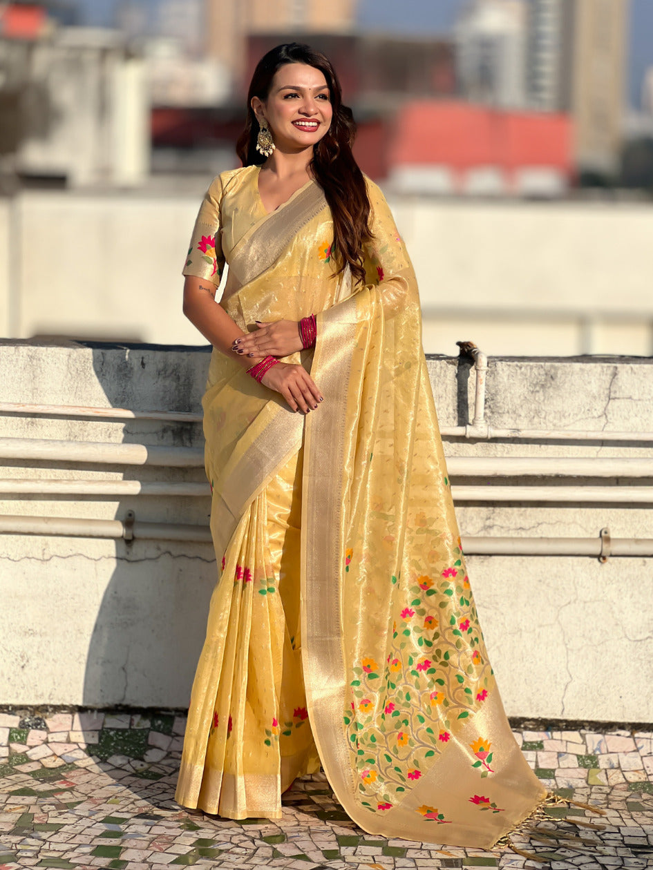 Organza Jamdani Saree with Zari Woven Pallu Festive Wear Saree with Brocade Blouse