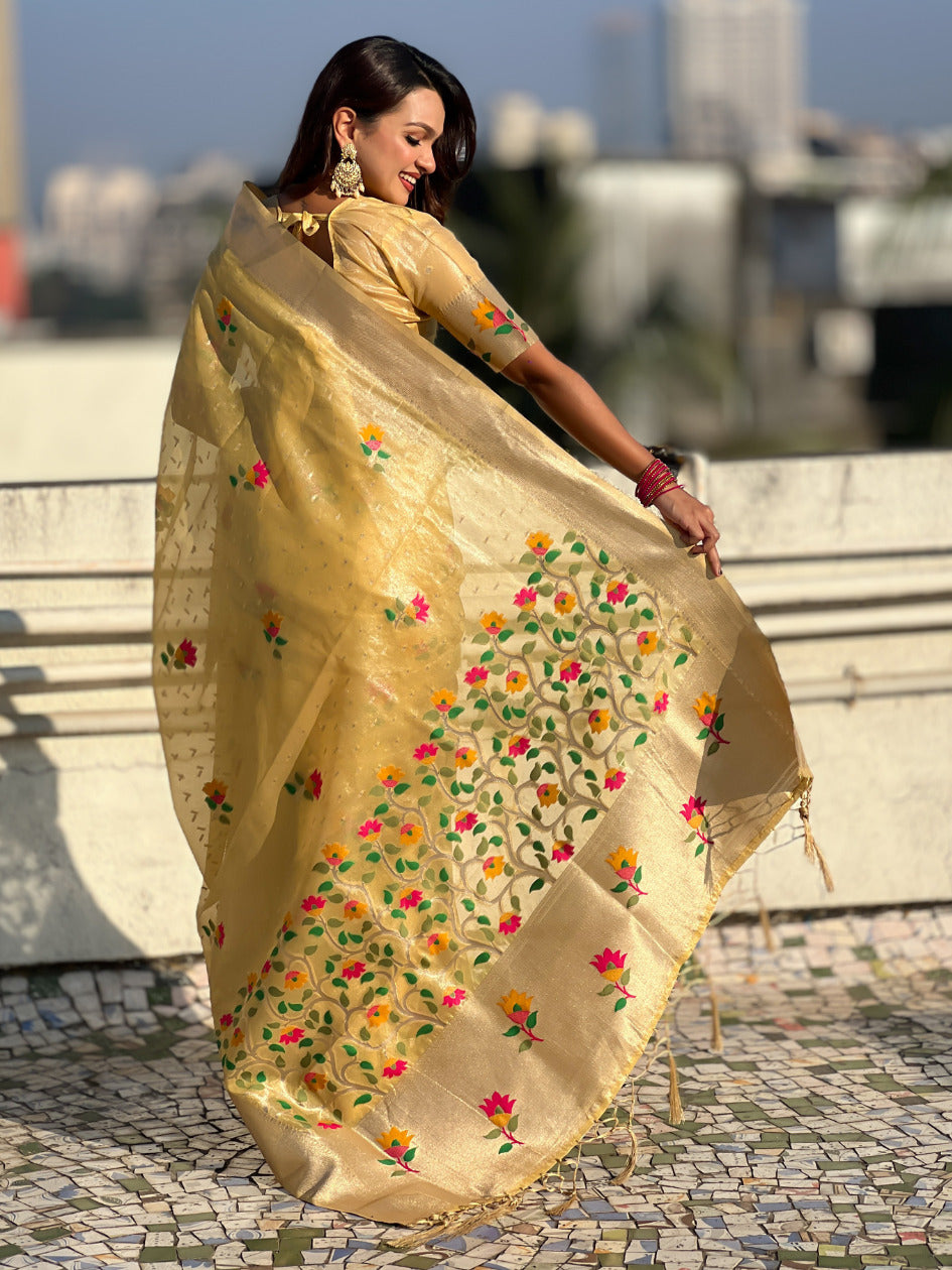 Organza Jamdani Saree with Zari Woven Pallu Festive Wear Saree with Brocade Blouse