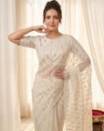 Cream Pure Organza Silk Crush Saree Designer Party Wear Saree With Turkish Work Embroidered Cutwork Border Wedding Festive Saree
