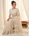 Cream Pure Organza Silk Crush Saree Designer Party Wear Saree With Turkish Work Embroidered Cutwork Border Wedding Festive Saree