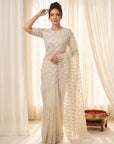 Cream Pure Organza Silk Crush Saree Designer Party Wear Saree With Turkish Work Embroidered Cutwork Border Wedding Festive Saree