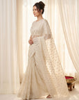 Cream Pure Organza Silk Crush Saree Designer Party Wear Saree With Turkish Work Embroidered Cutwork Border Wedding Festive Saree