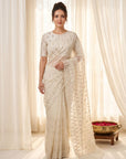 Cream Pure Organza Silk Crush Saree Designer Party Wear Saree With Turkish Work Embroidered Cutwork Border Wedding Festive Saree