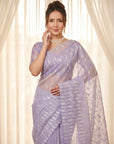 Lavender Pure Organza Silk Crush Saree Designer Party Wear Saree With Turkish Work Embroidered Cutwork Border Wedding Festive Saree