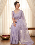 Lavender Pure Organza Silk Crush Saree Designer Party Wear Saree With Turkish Work Embroidered Cutwork Border Wedding Festive Saree